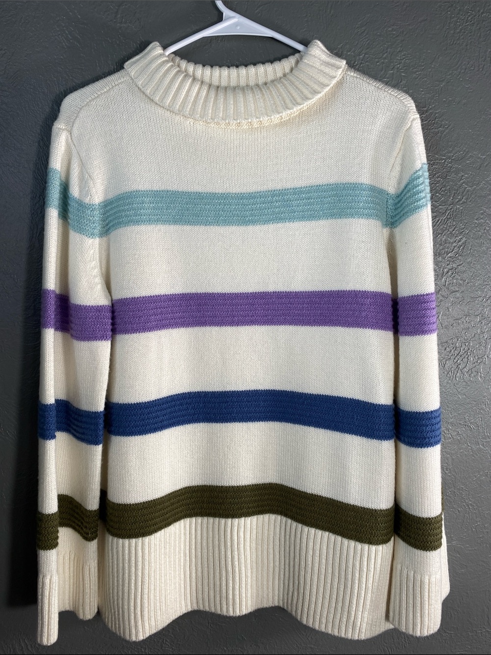 Talbots Sweater Womens M Ivory Multicolor Stripe Cotton Blend Mock Neck
